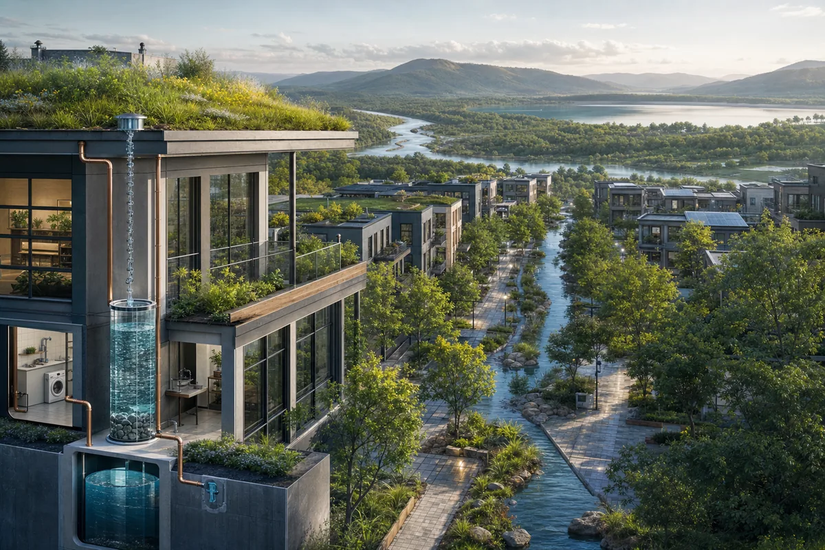 Edificio con tetto verde e cisterna di recupero dell'acqua piovana, quartiere con pavimentazioni permeabili e canali d'acqua, fiume e bacino sullo sfondo: la progettazione dell'acqua dalla scala dell'edificio a quella territoriale