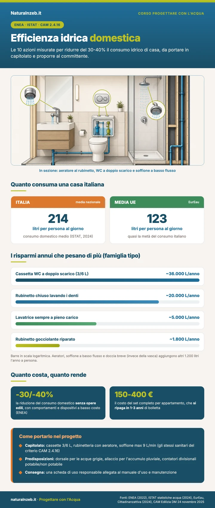 Le dieci azioni per l'efficienza idrica domestica con i risparmi in litri, e il consumo italiano di 214 litri contro i 123 della media europea