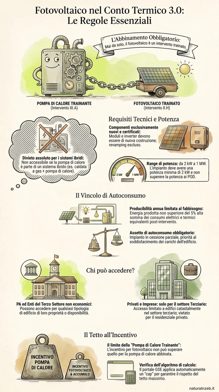 Infografica con le regole essenziali del fotovoltaico nel Conto Termico 3.0: abbinamento obbligatorio alla pompa di calore, requisiti tecnici, vincolo di autoconsumo, beneficiari e tetto all’incentivo