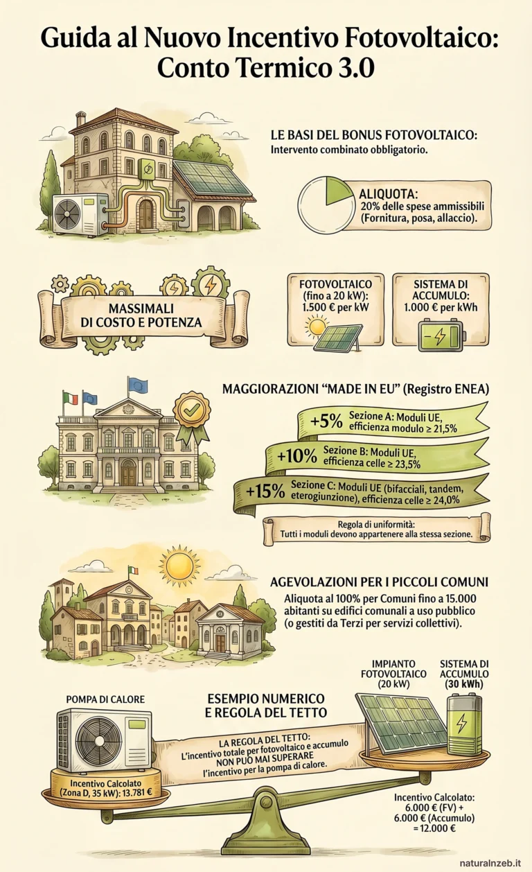 Infografica su quanto vale l’incentivo fotovoltaico del Conto Termico 3.0: aliquota 20%, massimali di costo, maggiorazioni Made in EU, aliquota 100% per i piccoli comuni ed esempio numerico con la regola del tetto