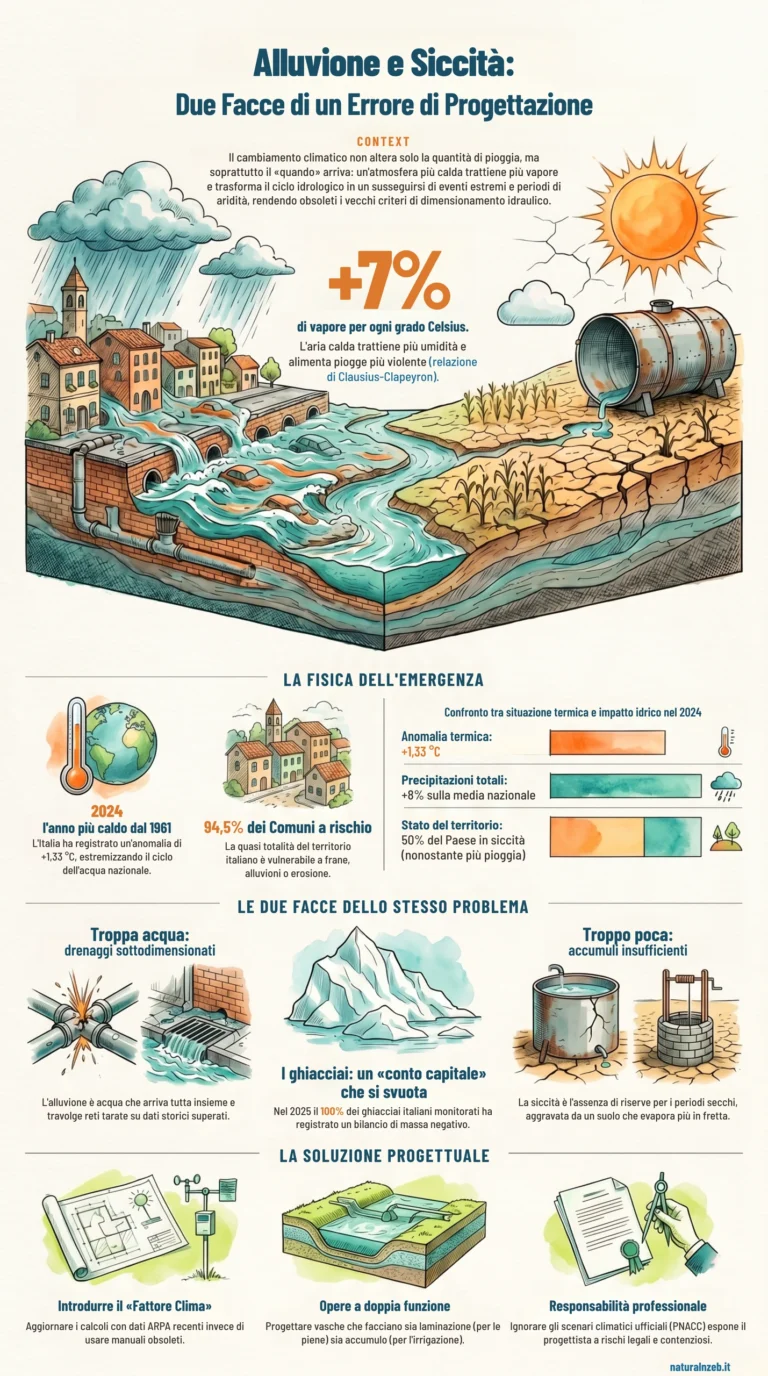 Infografica: alluvione e siccità come due facce di un errore di dimensionamento, con il +7% di vapore per grado, la fisica dell'emergenza, le due facce del problema e le soluzioni progettuali