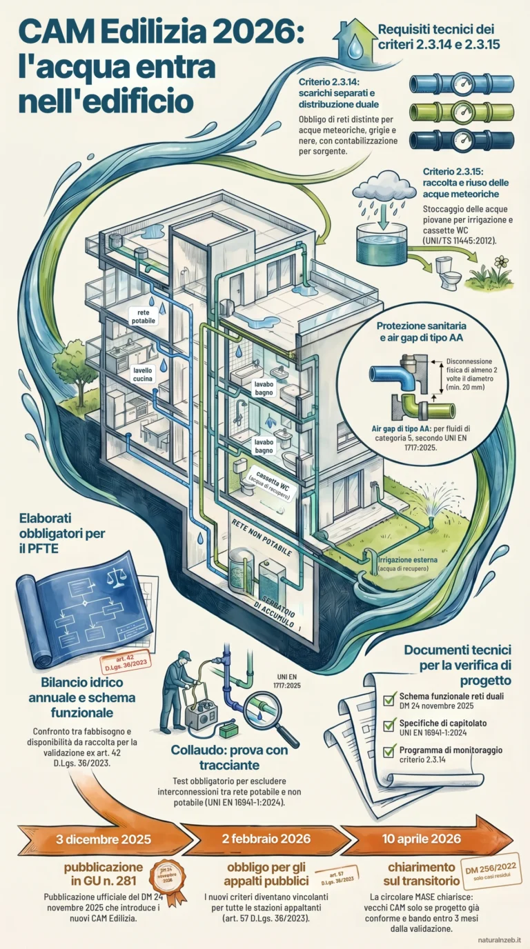 Infografica sui criteri acqua dei CAM 2026: timeline delle date, spaccato di edificio con rete potabile e non potabile, acque meteoriche grigie e nere, criteri 2.3.14 e 2.3.15, air gap di tipo AA, elaborati per il PFTE e riferimenti normativi