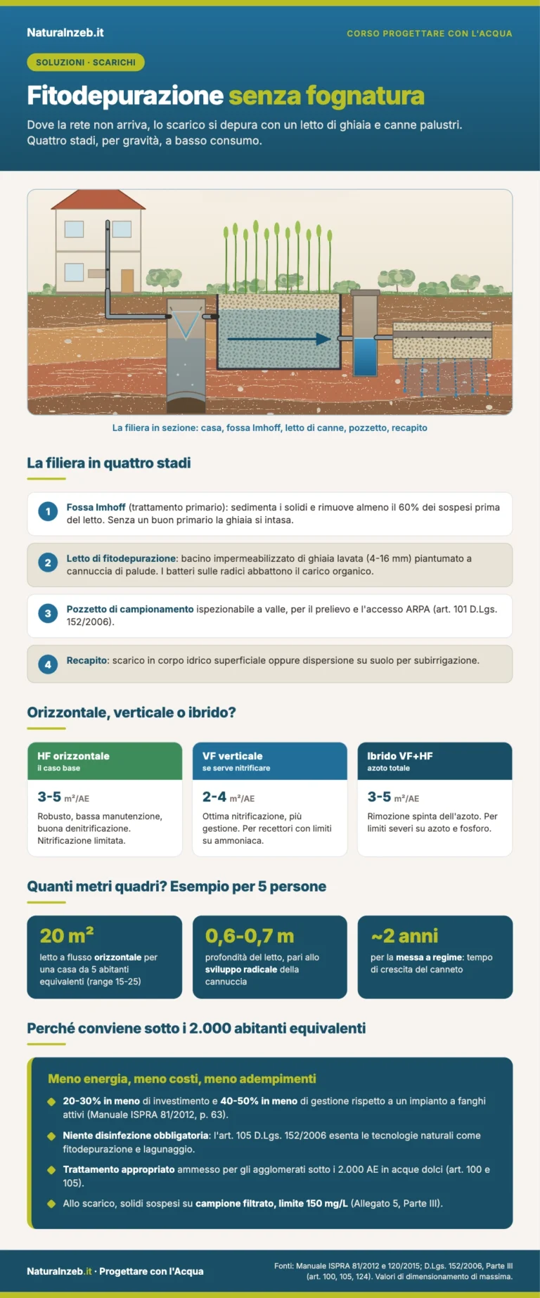 Infografica fitodepurazione senza fognatura: filiera in quattro stadi, schemi a flusso orizzontale verticale e ibrido, dimensionamento per 5 abitanti equivalenti
