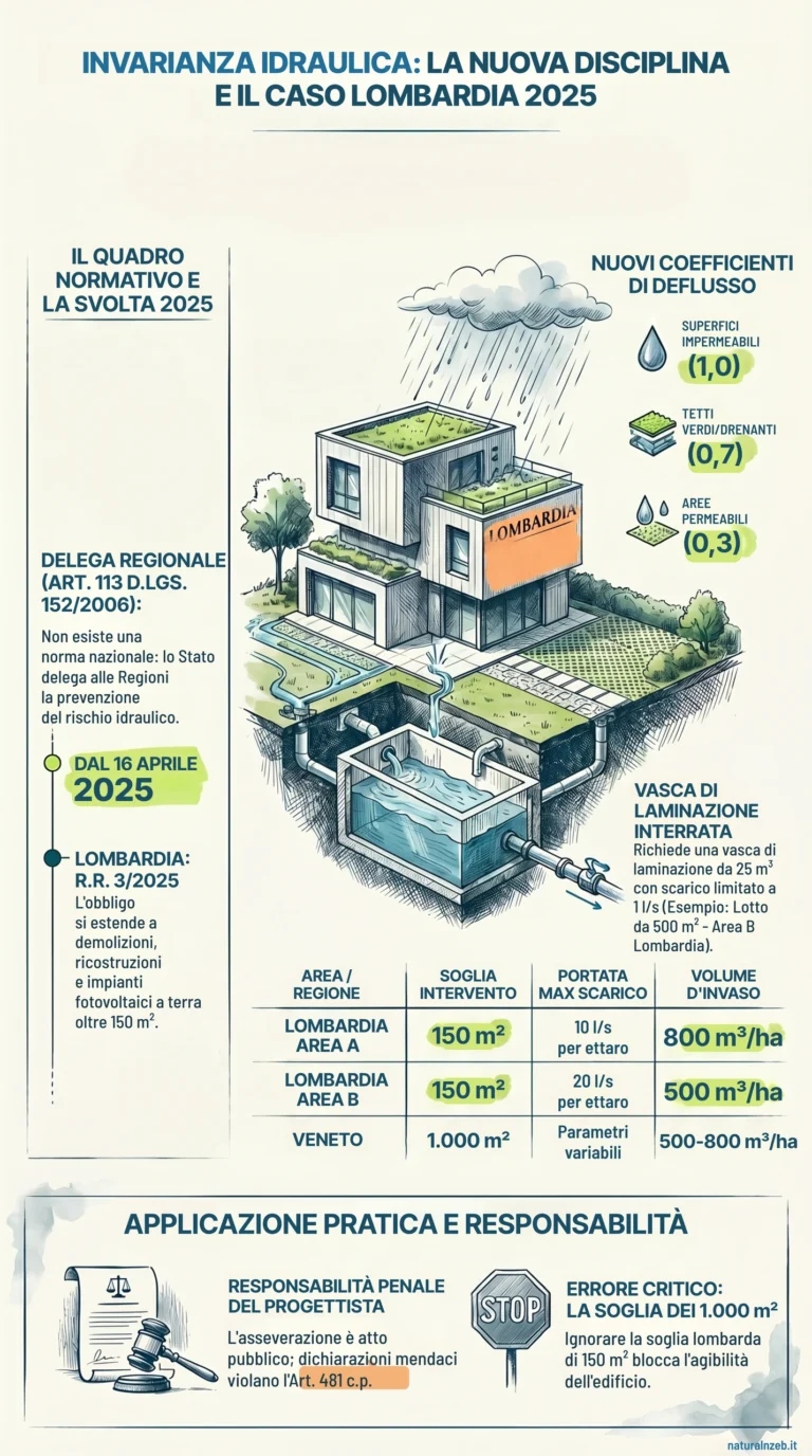 Infografica: invarianza idraulica in Italia, 8 regimi regionali, soglia 150 m² in Lombardia, esempio di calcolo 25 m³ e 1 l/s, responsabilità del progettista