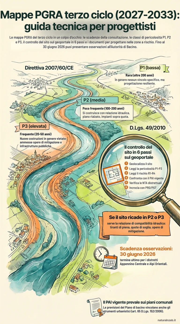 Infografica sulle mappe PGRA del terzo ciclo: scadenze delle consultazioni 2026, classi di pericolosità P1, P2 e P3, controllo del sito sul geoportale in 6 passi e relazione di compatibilità idraulica