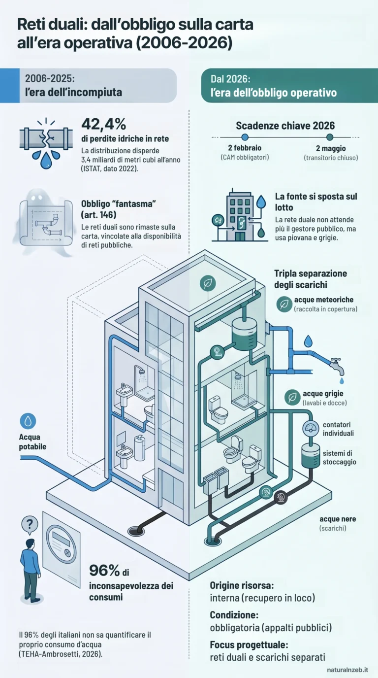 Infografica: reti duali dall'art. 146 del 2006 ai CAM 2026, scadenze, separazione degli scarichi e recupero in sito
