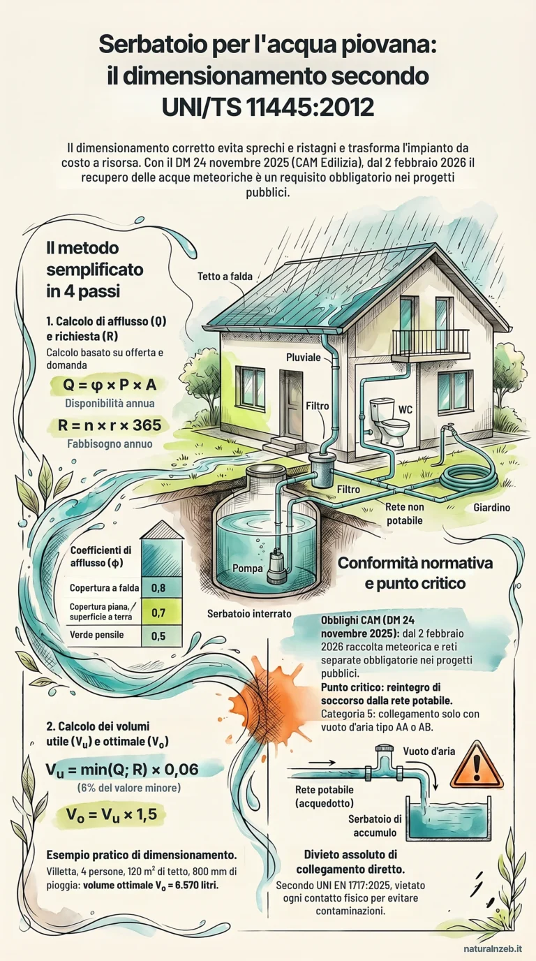 Infografica sul dimensionamento del serbatoio per l'acqua piovana con il metodo semplificato UNI/TS 11445:2012: le quattro formule, i coefficienti di afflusso, l'esempio svolto da 6.570 litri e il reintegro in categoria 5 con vuoto d'aria