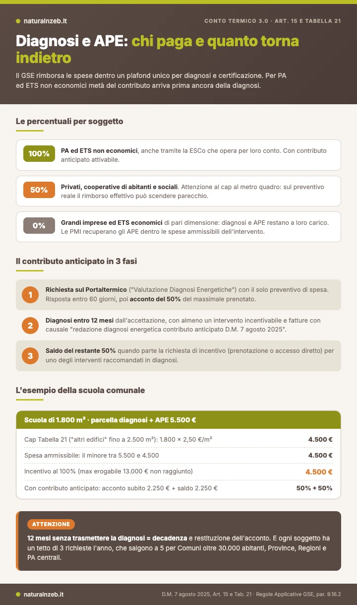 Infografica: percentuali di rimborso di diagnosi e APE, contributo anticipato in 3 fasi ed esempio della scuola