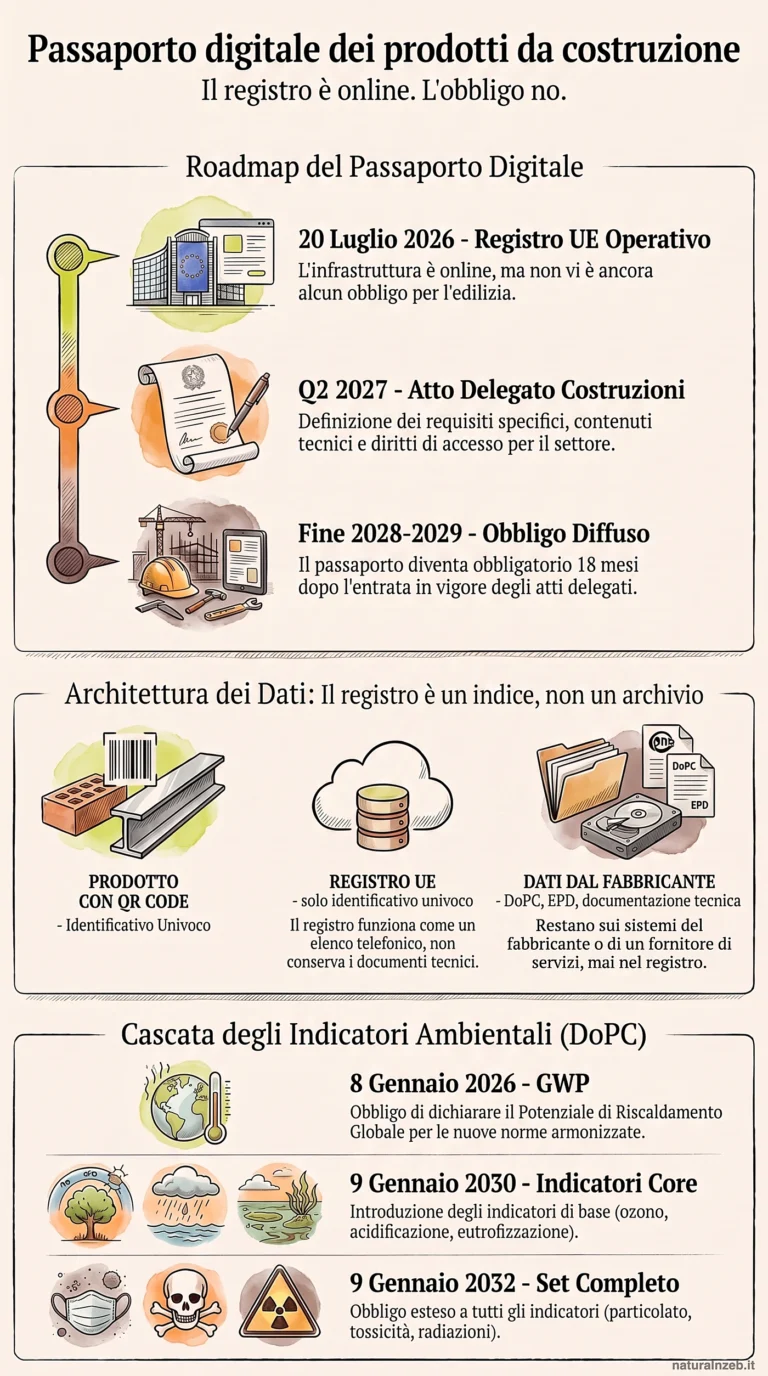 Infografica: roadmap del passaporto digitale dei prodotti da costruzione, architettura del registro UE e cascata degli indicatori ambientali nella DoPC