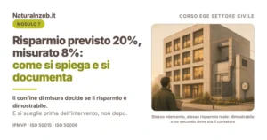 Tecnico davanti a un edificio direzionale con il confine di misura evidenziato attorno alla centrale tecnica