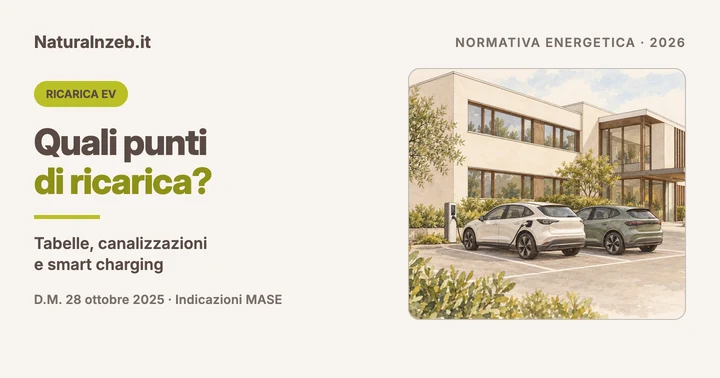 Ricarica EV nei Requisiti Minimi: edificio con parcheggio, auto elettriche e un punto di ricarica